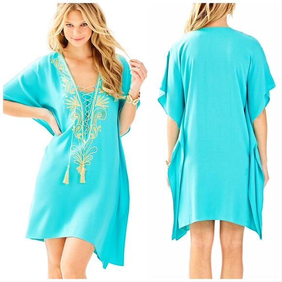 Lilly Pulitzer Chai Caftan Dress Size L XL Seaside Aqua Cover Up Beach Vacation - Picture 3 of 16